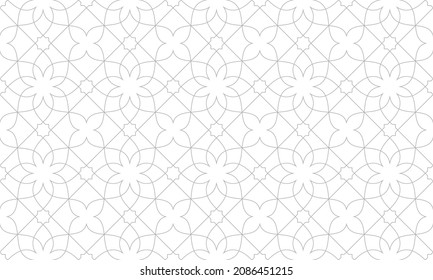 Pattern with curved fine lines and stars on white background. Monochrome abstract floral linear wallpaper. Seamless ornamental design. Vector design for swatches, fabric, wrapping in Arabic style.