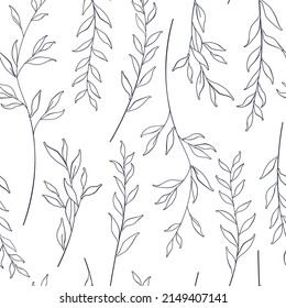 Pattern of curved twigs. Delicate floral background in blue and white colors. Vector seamless pattern.