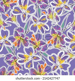 Patrón de flores cortadas sobre un fondo de lavanda. Flores de verano hawaianas para vestidos y tejidos textiles. Listo para imprimir. Vector y diseño general