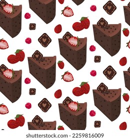 A pattern of cut pieces of chocolate cake with strawberries. Slices of sweet cakes on a white background. Illustration of a vector drawing. Packaging for holidays. Background for postcards, textiles.