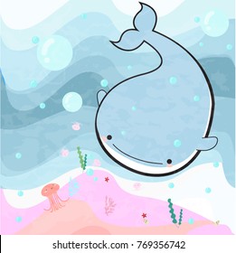 Pattern cute adorable sea whale and jelly fish in the ocean,pastel romantic animal vector background illustration by hand draw doodle cartoon comic art illustration,baby shower style,invitation card