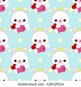 Pattern with cute angel bunnies on a blue background with stars for children. Wallpaper for the baby.