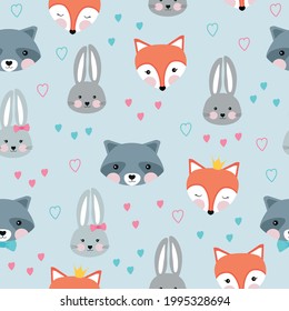 Pattern with cute animal faces. Fox, raccoon, bunny. Pets in a flat style on a blue background. Children's pattern, hearts. Crown and bow on the head.