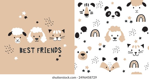 Сhildish pattern with cute animals. Baby shower greeting card. Zoo seamless background, cute vector texture for kids bedding, fabric, wallpaper, wrapping paper, textile, t-shirt print