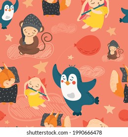 Pattern of cute animals in cartoon style. Vector rabbit, squirrel, penguin, monkey on a pink background. Design with cute animals for printing on children's textiles, cards, wallpaper.