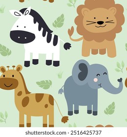 Pattern with cute animals for children. Zebra, giraffe, elephant and lion in cardboard style. Animals isolated on green background with tropical leaves.