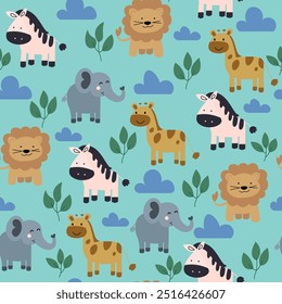 Pattern with cute animals for children. Zebra, giraffe, elephant and lion in cardboard style. Animals isolated on blue background with leaves and clouds.