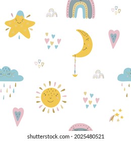 pattern with cute animals in pastel colors. Illustration for clothes, postcards, packaging.