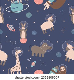 pattern of cute animals in a spacesuit in space