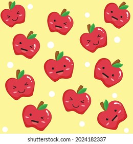 A pattern of cute apples in various moods on a bright yellow background.