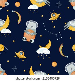 Pattern with cute astronauts raccoon and bear in space.  vector illustration.