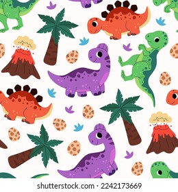 Pattern of cute baby jurassic dinosaurs, egg, palm, leaf, volcano. Childish prehistoric dino paleontology. Brontosaurus, velociraptor, triceratops, tirex, tyrannosaurus, pterodactylus. Cartoon vector.