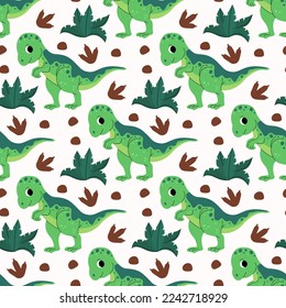 Pattern of cute baby jurassic dinosaurs, egg, palm leaf, grass, foot print for kids. Childish prehistoric dino paleontology. T rex. Cartoon vector.