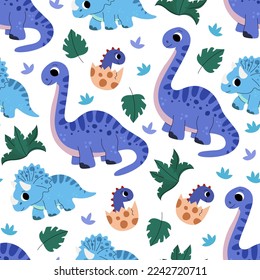 Pattern of cute baby jurassic dinosaurs, egg, palm leaf, grass for kids. Childish prehistoric dino paleontology. Brontosaurus, triceratops. Cartoon vector.