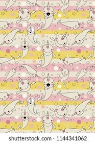 PATTERN WITH cute baby narwhal or whale unicorn characters on abstract line pattern
