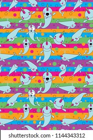 PATTERN WITH cute baby narwhal or whale unicorn characters on abstract line pattern
