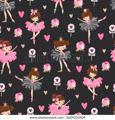 Pattern with cute ballerinas in different poses and with flowers, children's design for printing on fabrics and decoration. Vector illustration