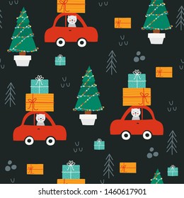  Pattern cute  bear drives car with presents, Christmas tree with garlands.  Design for fabric, wrapping, textile, wallpaper, apparel. Vector illustration.