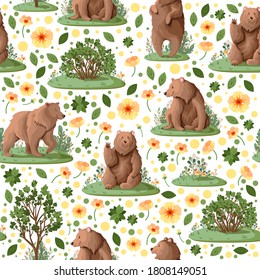Pattern with cute bears in the forest.