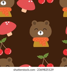 Pattern of cute bears wearing a scarf, cherry and mushroom seamless background for fabric prints, textiles, gift wrapping paper. colorful vector for children, flat style