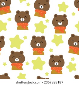 Pattern of cute bears wearing a scarf, seamless for fabric prints, textiles, gift wrapping paper. colorful vector for children, flat style