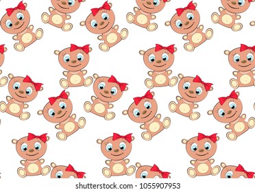 Pattern of cute, beautiful, brown, kind, childish, smiling bear girl with big head and blue eyes in a bow and pearl necklace on a white background. Vector seamless illustration