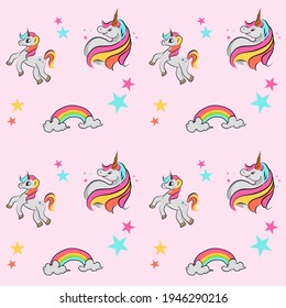 Pattern Cute Beautiful Unicorn with Stars and Rainbow illustration Vector Isolated 