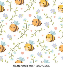 Pattern cute bee with flowers, gentle pastel seamless pattern. cute doodles
