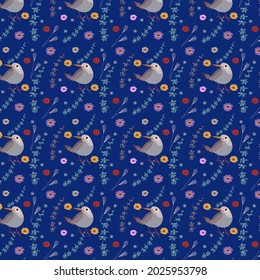 A pattern with a cute bird and stylized flowers