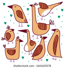 Pattern with cute birds and hearts. Sparrow bird flat vector illustration. Hand drawn children color seamless pattern. Wrapping paper, background design. Children textile, t-shirt print.