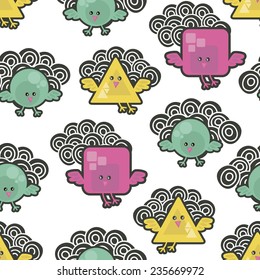 Pattern with cute birds in the sky with clouds. Seamless vector background.