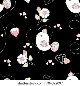 Pattern cute birds and strawberry floral in black background.