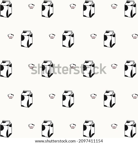 Pattern; cute black and white cow and milk carton box cartoon character  isolated on white background