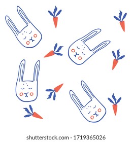 Patrón conejo azul lindo con zanahorias en un fondo blanco. Sueños. Dibujo manual. Antecedentes de una portada. 