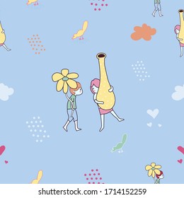 Pattern cute boy has a flower and girl hase a vase,relax color concept,pink cheek,rosy cheek,soft pastel color,vector illustration for graphic design,textile pattern,website,banner, card,background