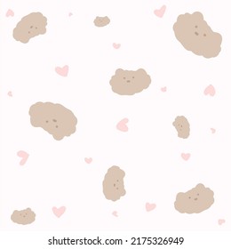 Pattern of cute brown fluffy bear or dog with pink heart. Hand drawn flat vector illustration in pastel soft tone  isolated on white background.