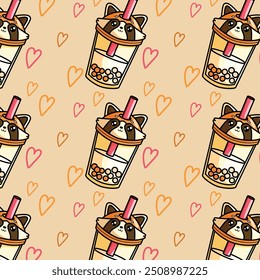 Pattern with cute bubble tea red panda and hearts . Element for print, postcard and poster. Vector Illustration. 