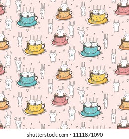 Pattern With Cute Bunnies In The Cup. Vector Illustration.