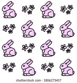 Pattern with cute bunnies and flowers. Spring picture. Vector illustration. Easter bunnies. Template for wallpaper, paper, fabric, notebooks, packaging, pastry.