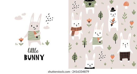 Сhildish pattern with cute bunny, baby print. Animal seamless background, cute vector texture for kids bedding, fabric, wallpaper, wrapping paper, textile, t-shirt print