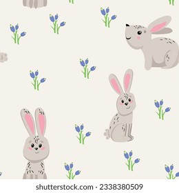 Pattern with cute bunny and flowers. Perfect for printing, textiles, wrapping paper. Vector illustration