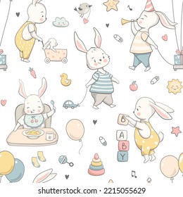 Сhildish pattern with cute bunny. Seamless background , cute vector texture for baby bedding, fabric, wallpaper, wrapping paper, textile, t-shirt print