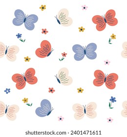 pattern with cute butterflies and flowers, wallpapers decoration, isolated on white background, flat vector illustration