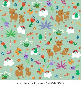 Pattern with cute camels and little froggi. Cartoon style. Vector illustration.