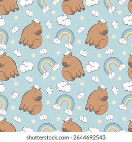 Padrão com capivara bonito com uma nuvem na cabeça, com arco-íris e estrelas em um fundo azul, tons pastel.