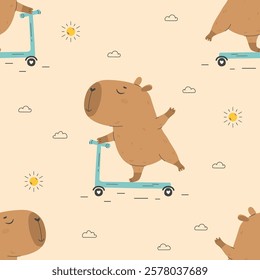 Pattern with cute capybara riding kick scooter