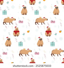 Pattern cute capybaras New Year. New Year texture.