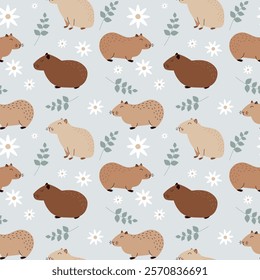 Pattern with cute capybaras in pastel colors