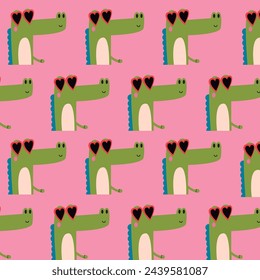 Pattern with cute cartoon alligator crocodiles sunbathing with heart glasses and pink background