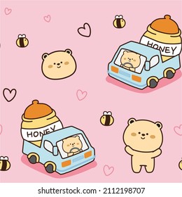 Pattern Of Cute Cartoon Animal Character Design On Pink Background.Bear Drive On Car With Honey.Kid Graphic.Hand Drawn.Image.Art.Wallpaper.Banner.Kawaii.Vector.Illustration.